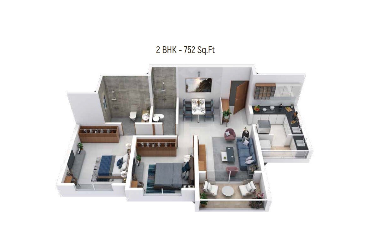 Floor plan of 2 BHK 752 Sq. Ft. Apartment in Garve 33 Central Avenue, Pune