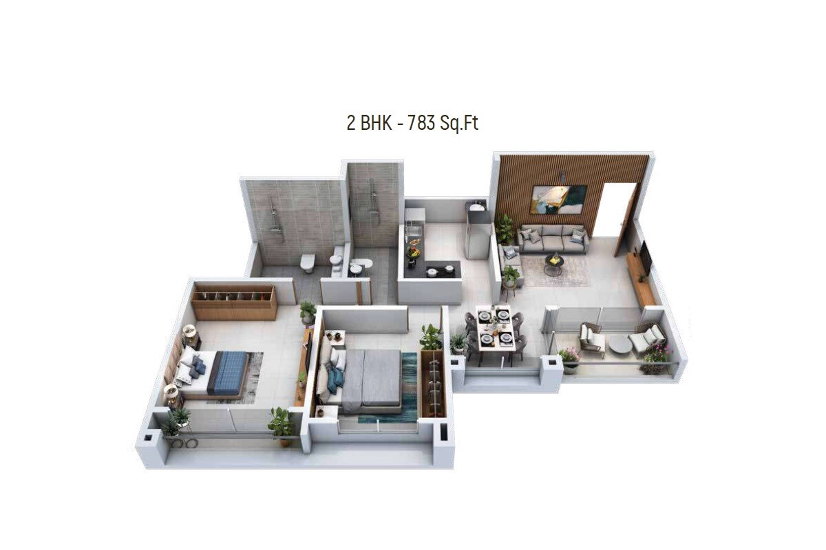 Floor plan of 2 BHK 783 Sq. Ft. Apartment in Garve 33 Central Avenue, Pune
