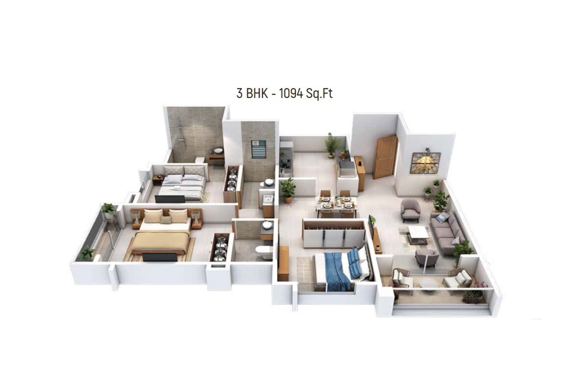 Floor plan of 3 BHK 1094 Sq. Ft. Apartment in Garve 33 Central Avenue, Pune