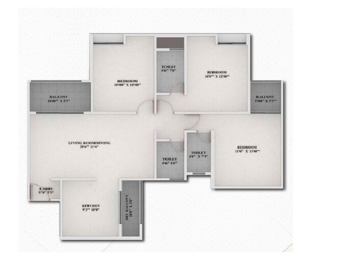 Floor plan of 3 BHK 1053 Sq. Ft. Apartment in Garve Akshara Grandeur, Pune