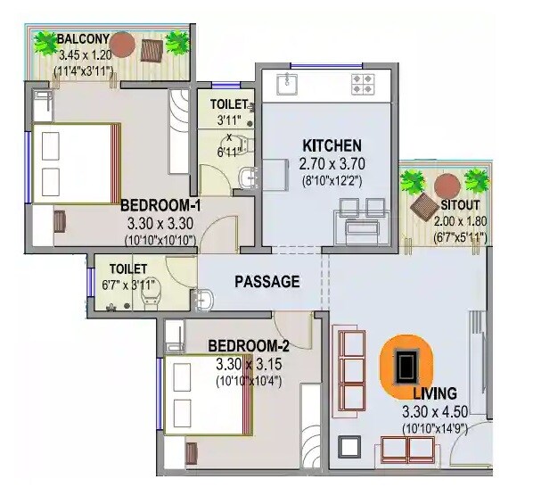 2 BHK 706 Sq. Ft. Apartment