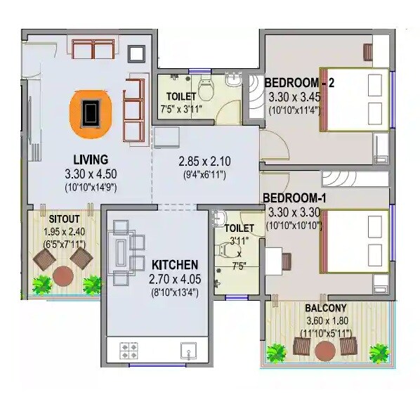 2 BHK 805 Sq. Ft. Apartment