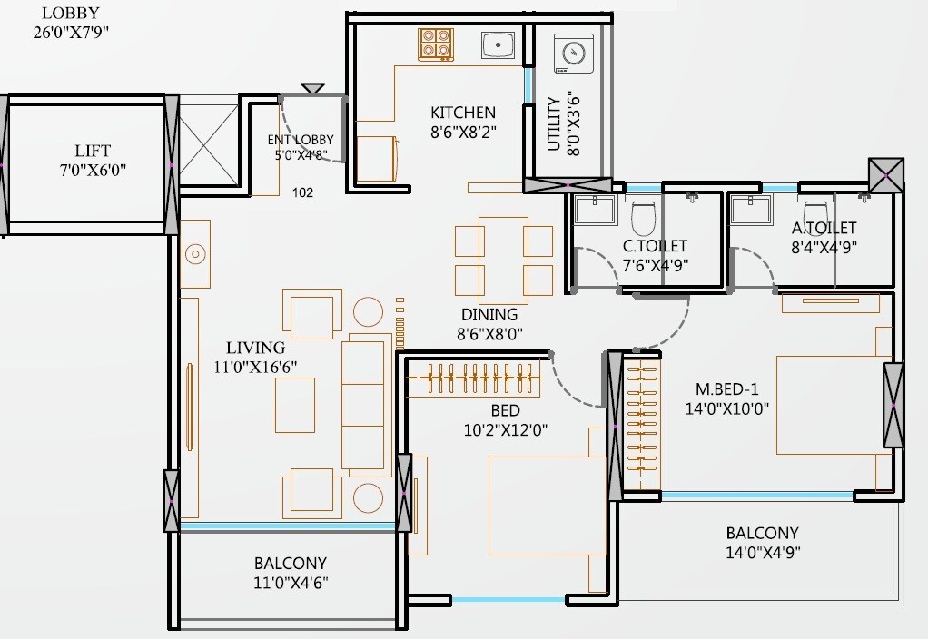 Floor plan of 2 BHK 856 Sq. Ft. Apartment in Garve Akshara Meadows, Pune
