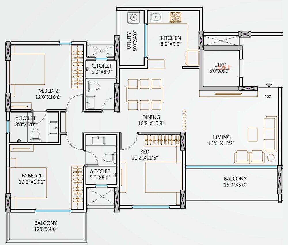 Floor plan of 3 BHK 1059 Sq. Ft. Apartment in Garve Akshara Meadows, Pune