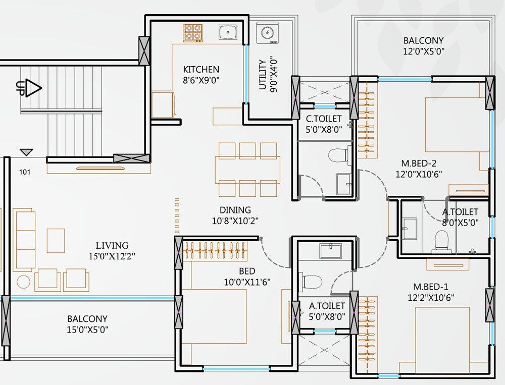 Floor plan of 3 BHK 1105 Sq. Ft. Apartment in Garve Akshara Meadows, Pune