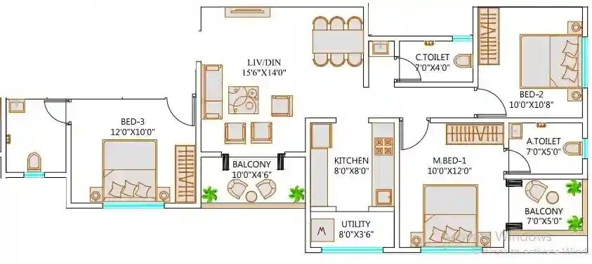 Floor plan of 3 BHK 789 Sq. Ft. Apartment in Garve Akshara Serenity, Pune