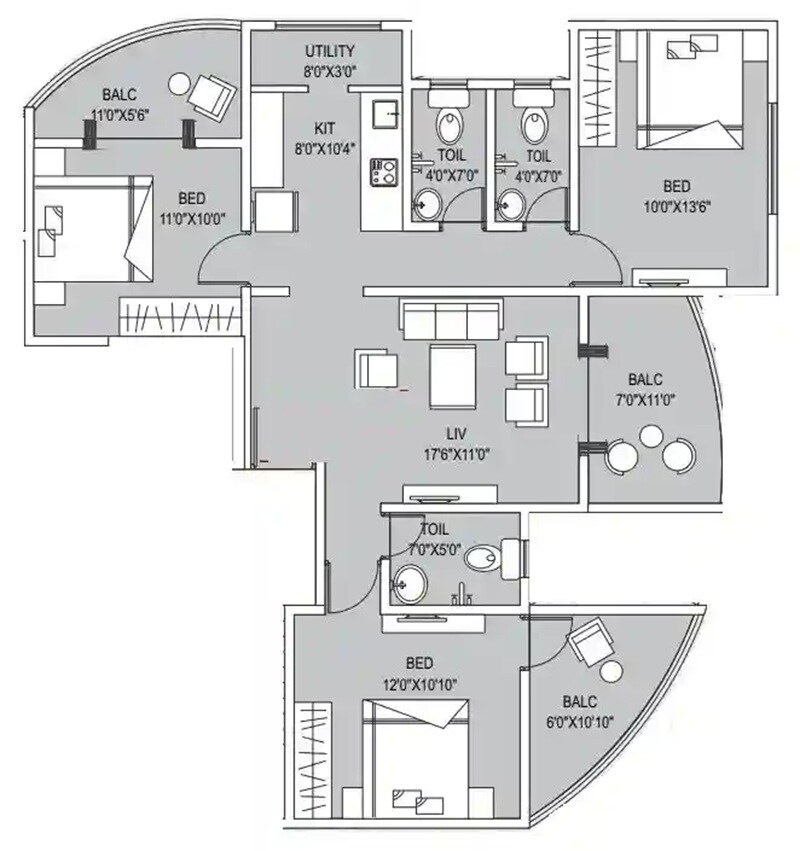 Floor plan of 3 BHK 824 Sq. Ft. Apartment in Garve Akshara Serenity, Pune