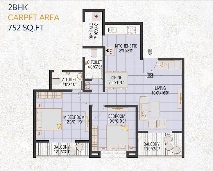 Floor plan of 2 BHK 752 Sq. Ft. Apartment in Garve Eastern River Residency, Pune