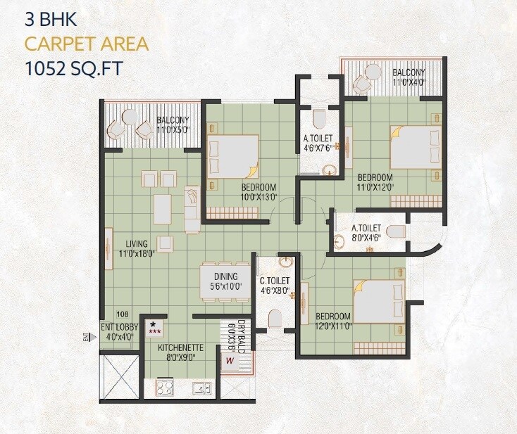 Floor plan of 3 BHK 1183 Sq. Ft. Apartment in Garve Eastern River Residency, Pune