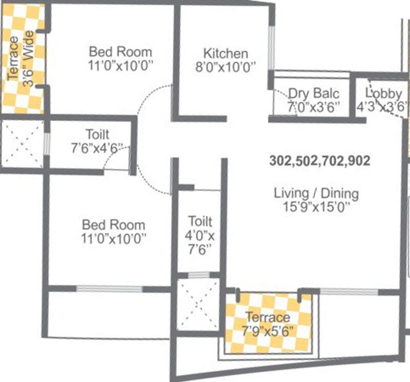 Floor plan of 2 BHK 434 Sq. Ft. Apartment in Garve Golden Treasures, Pune
