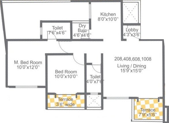Floor plan of 2 BHK 808 Sq. Ft. Apartment in Garve Golden Treasures, Pune