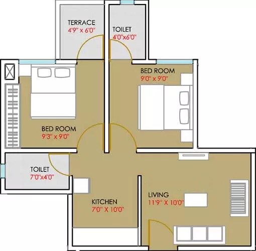 Floor plan of 2 BHK 313 Sq. Ft. Apartment in Garve Silver Treasure, Pune