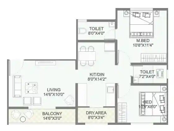 Floor plan of 2 BHK 509 Sq. Ft. Apartment in Gaurinandan Trinity, Pune