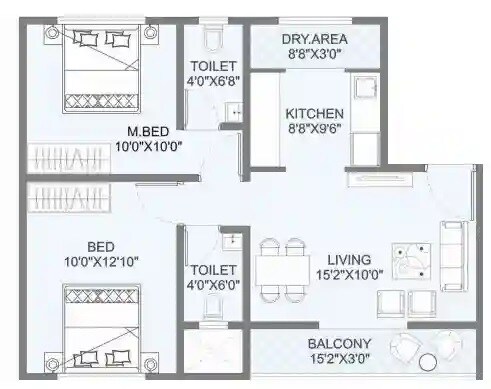 Floor plan of 2 BHK 573 Sq. Ft. Apartment in Gaurinandan Trinity, Pune