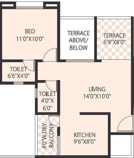 Floor plan of 1 BHK 361 Sq. Ft. Apartment in Gawade Emerald Phase IV, Pune