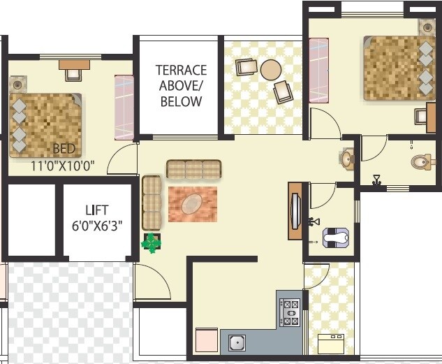 Floor plan of 2 BHK 455 Sq. Ft. Apartment in Gawade Emerald Phase IV, Pune