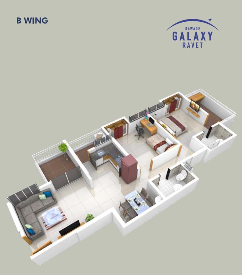 Floor plan of 2 BHK 653 Sq. Ft. Apartment in Gawade Galaxy, Pune