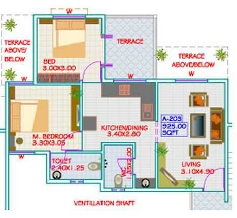 Floor plan of 2 BHK 916 Sq. Ft. Apartment in Gayatri Imperial Heights, Pune