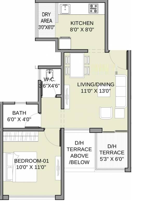 Floor plan of 1 BHK 404 Sq. Ft. Apartment in Gayatri Twin Towers, Pune