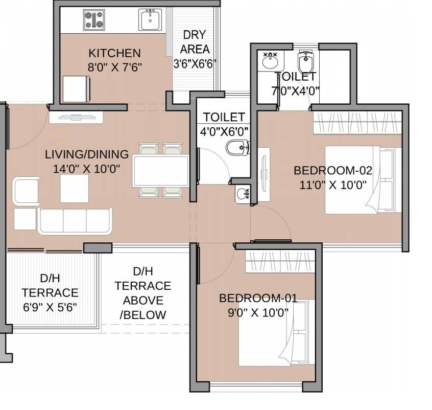 Floor plan of 2 BHK 506 Sq. Ft. Apartment in Gayatri Twin Towers, Pune