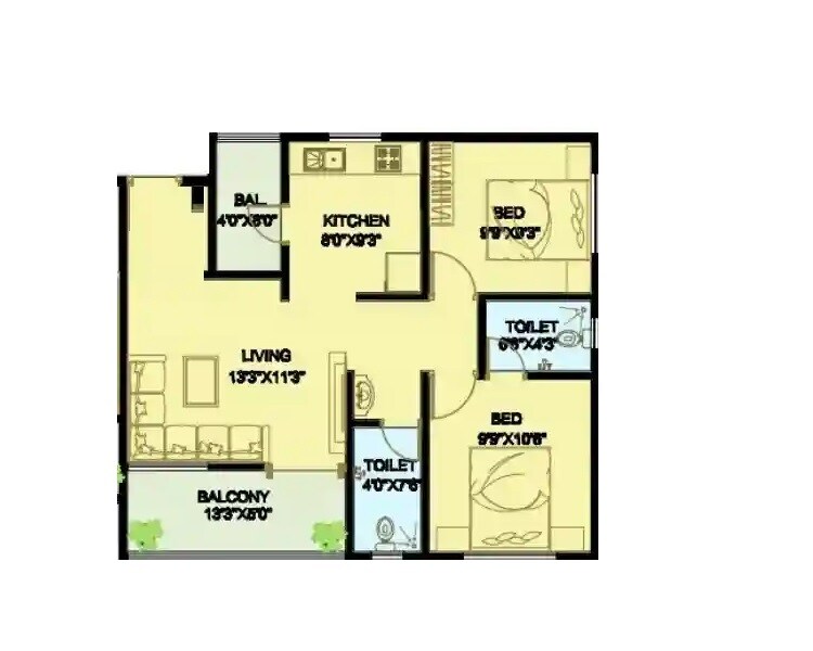 Floor plan of 2 BHK 580 Sq. Ft. Apartment in GB Anthesis, Pune