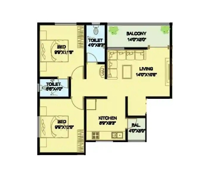 Floor plan of 2 BHK 617 Sq. Ft. Apartment in GB Anthesis, Pune