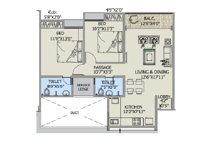 Floor plan of 2 BHK 810 Sq. Ft. Apartment in GD 18 Altitude, Pune