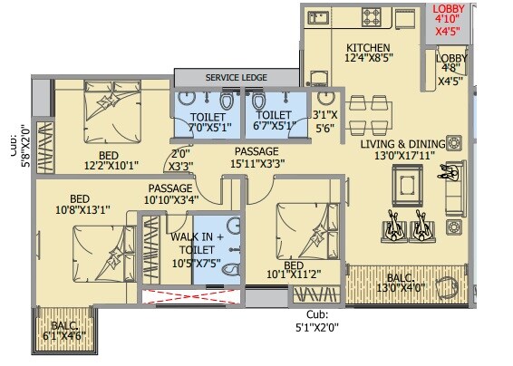 Floor plan of 3 BHK 1230 Sq. Ft. Apartment in GD 18 Altitude, Pune