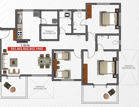 Floor plan of 3 BHK 721 Sq. Ft. Apartment in GD 18 Latitude, Pune