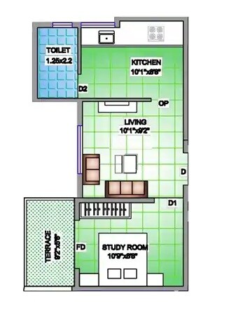Floor plan of 1 BHK 357 Sq. Ft. Apartment in GD Tara Residency, Pune