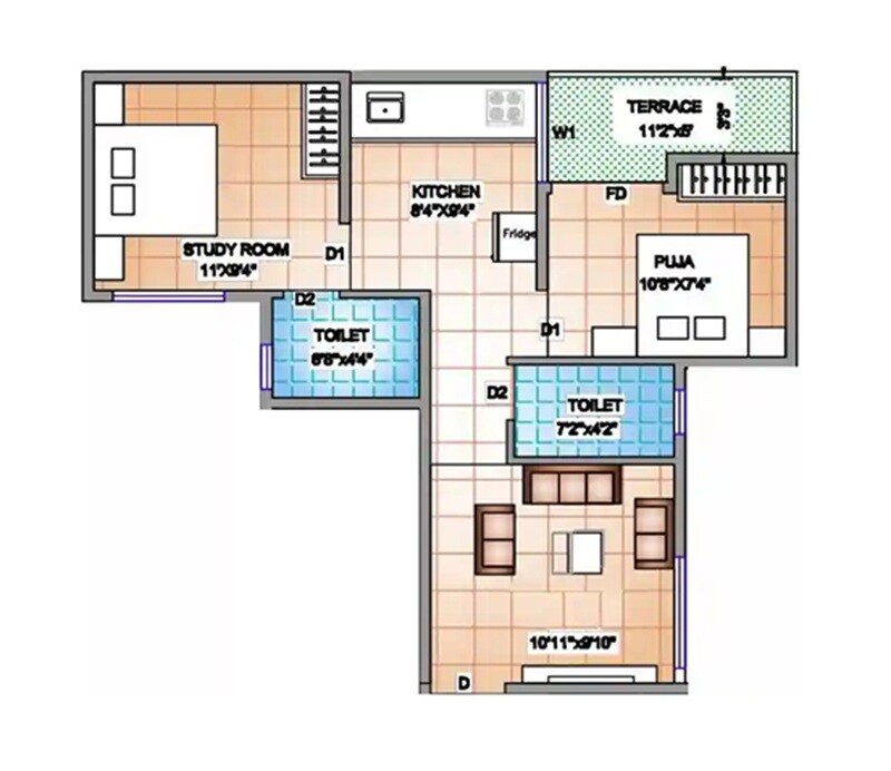 Floor plan of 2 BHK 513 Sq. Ft. Apartment in GD Tara Residency, Pune