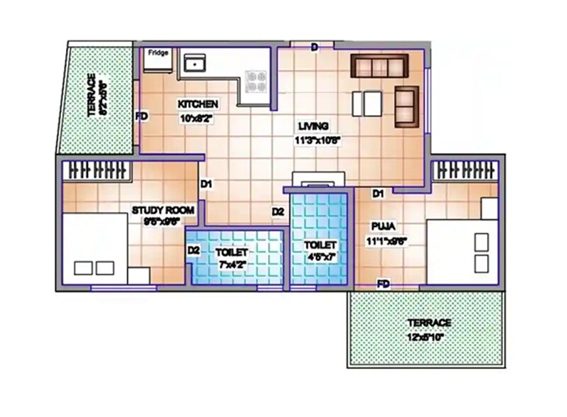 Floor plan of 2 BHK 600 Sq. Ft. Apartment in GD Tara Residency, Pune
