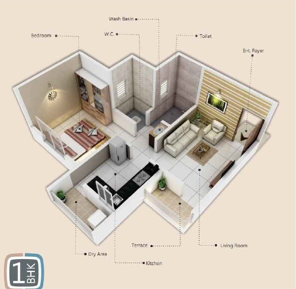 Floor plan of 1 BHK 418 Sq. Ft. Apartment in GDS Capital City, Pune