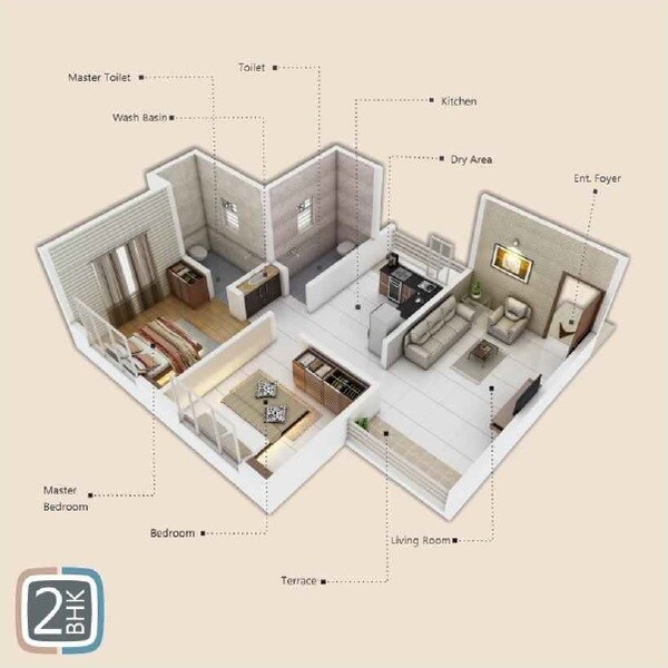 Floor plan of 2 BHK 595 Sq. Ft. Apartment in GDS Capital City, Pune