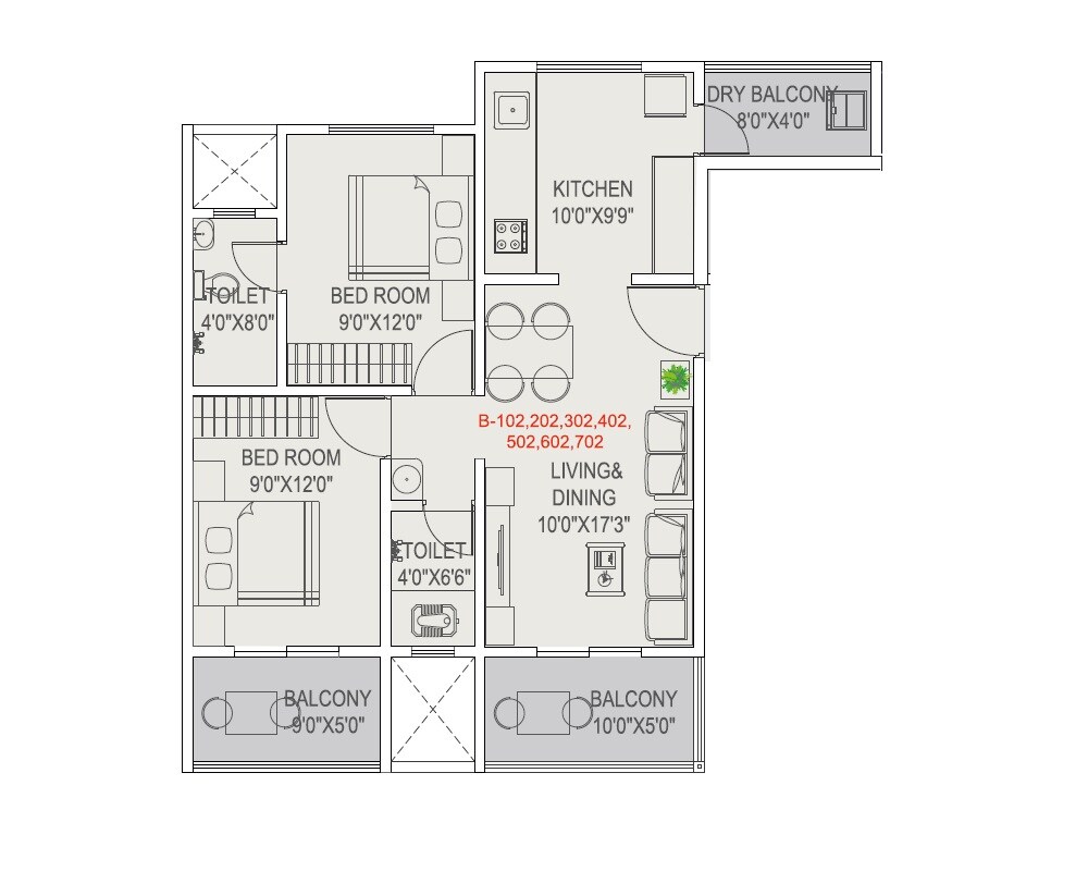 Floor plan of 2 BHK Apartment - 717 sq. ft. in Geet Allura Tower, Pune