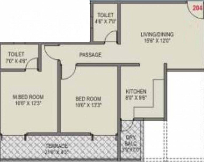 Floor plan of 2 BHK 927 Sq. Ft. Apartment in Geeta Gold Fusion, Pune