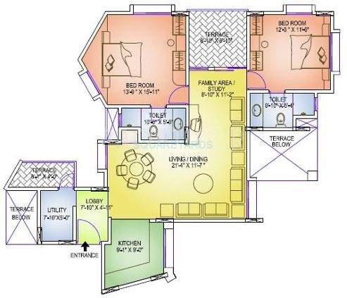 Floor plan of 2 BHK 1242 Sq. Ft. Apartment in Gera Emerald City, Pune