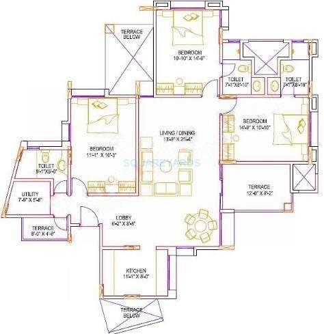 Floor plan of 3 BHK 1587 Sq. Ft. Apartment in Gera Emerald City, Pune