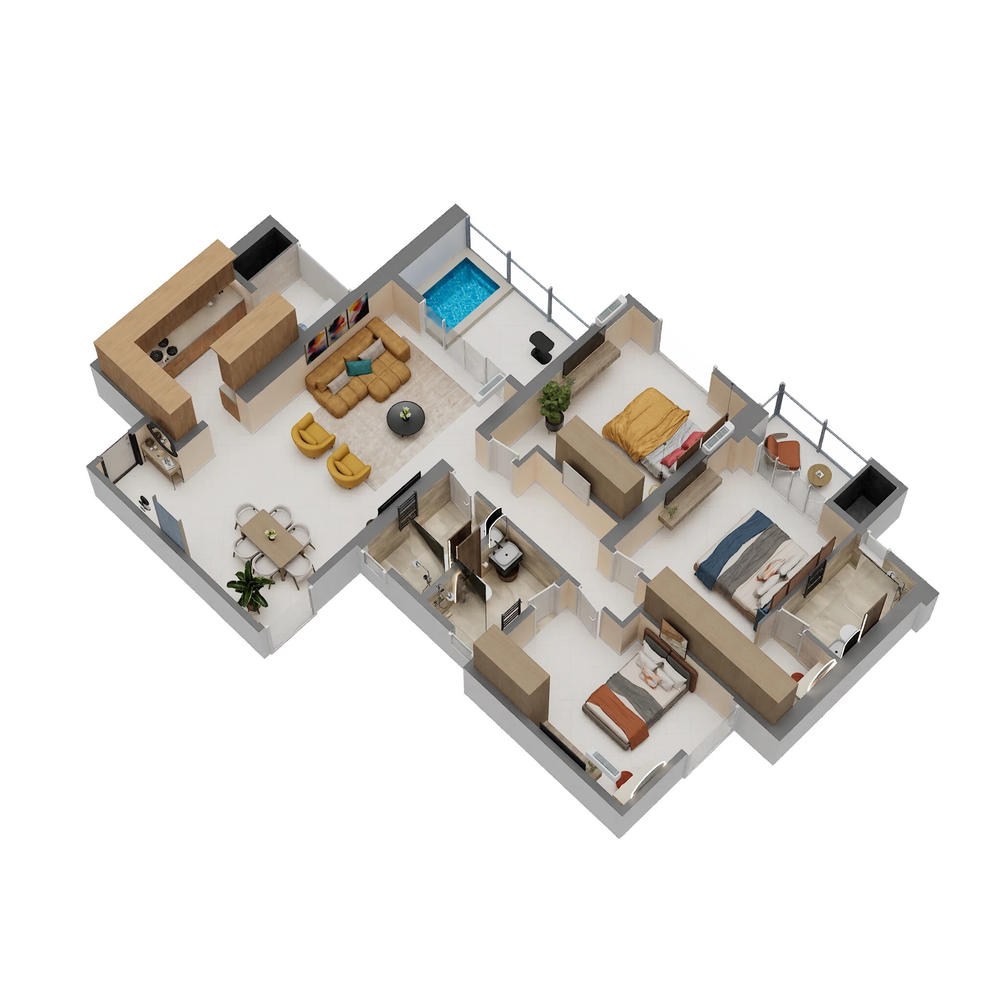 Floor plan of 3 BHK 1062 Sq. Ft. Apartment in Gera Garden In The Sky, Pune