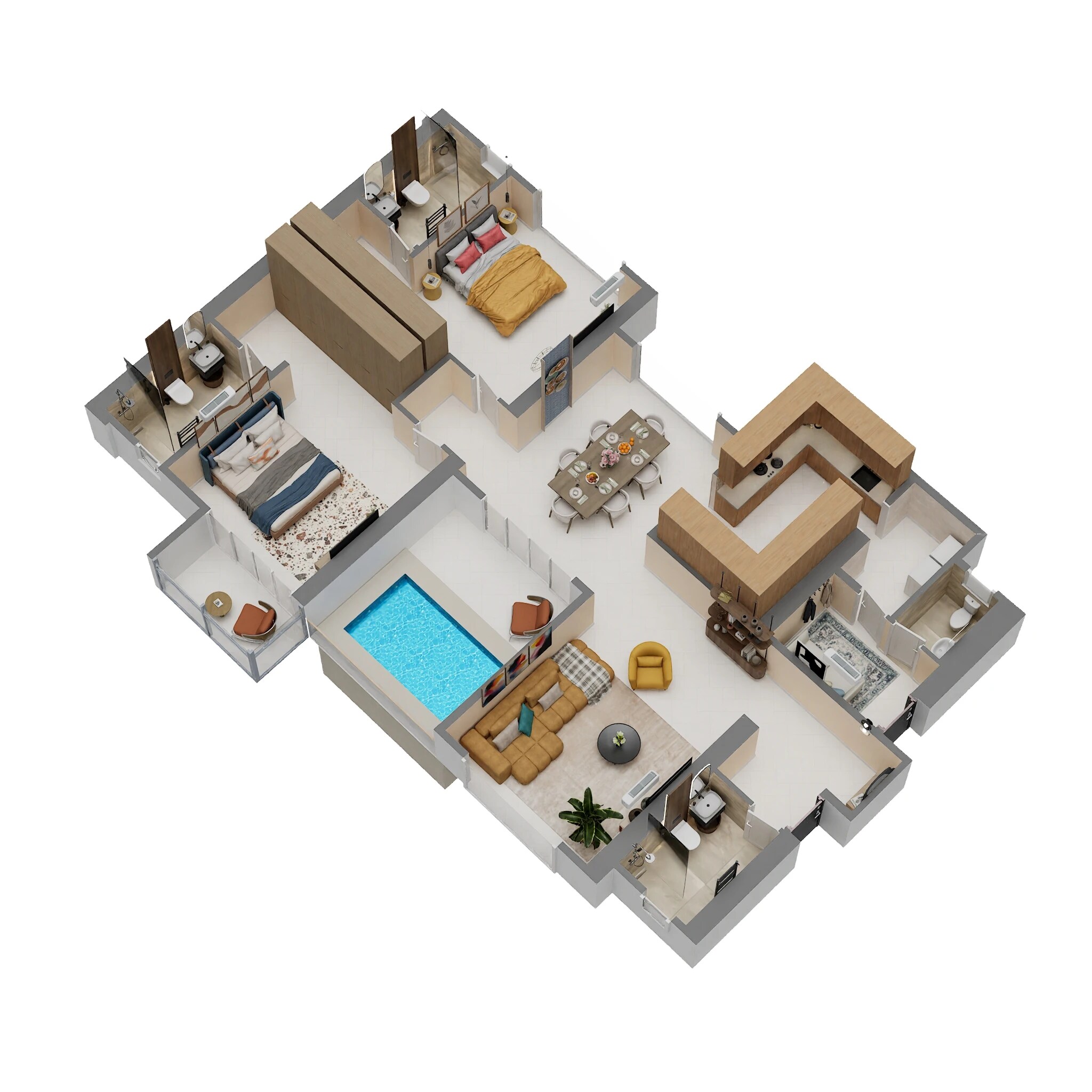 Floor plan of 3 BHK 1264 Sq. Ft. Apartment in Gera Garden In The Sky, Pune