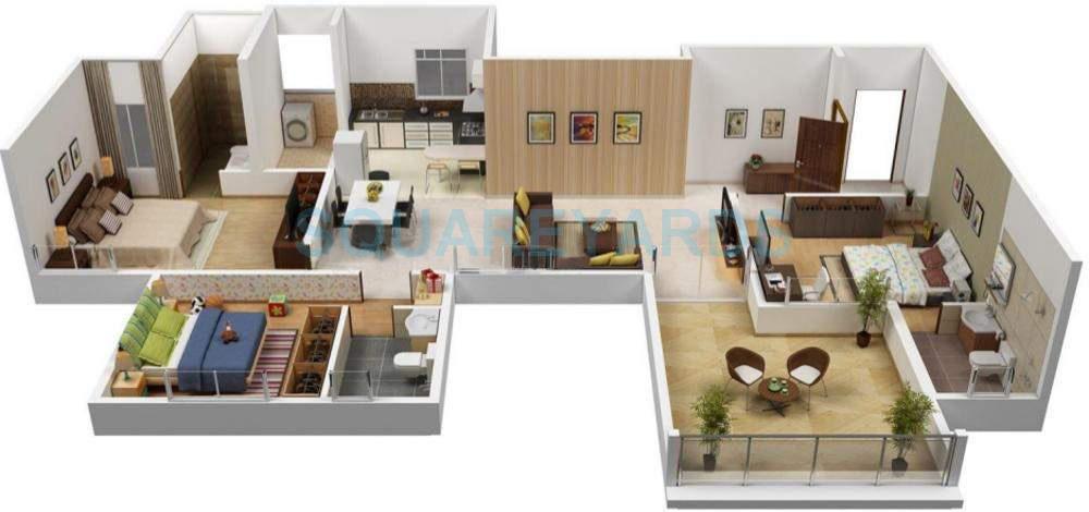 Floor plan of 3 BHK 1658 Sq. Ft. Apartment in Gera Greensville, Pune