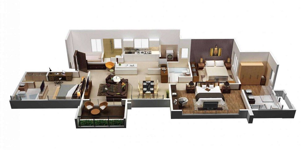 Floor plan of 3 BHK 1600 Sq. Ft. Apartment in Gera Isle Royale, Pune