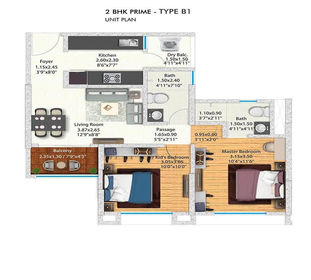 Floor plan of 2 BHK 564 Sq. Ft. Apartment in Gera Planet Of Joy, Pune