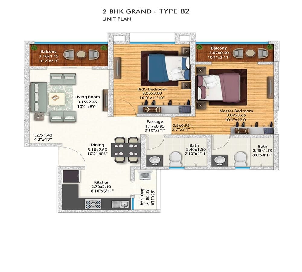 Floor plan of 2 BHK 773 Sq. Ft. Apartment in Gera Planet Of Joy, Pune