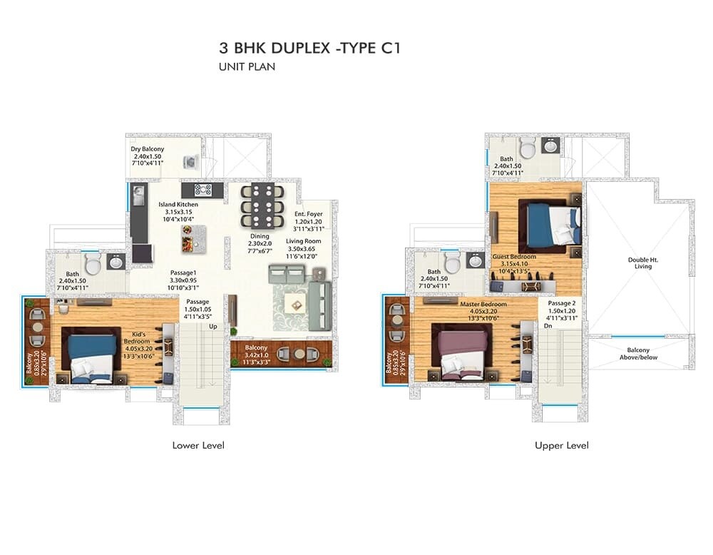 Floor plan of 3 BHK 1065 Sq. Ft. Apartment in Gera Planet Of Joy, Pune