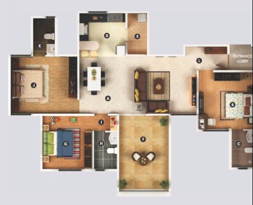 Floor plan of 3 BHK 1650 Sq. Ft. Apartment in Gera Song Of Joy, Pune