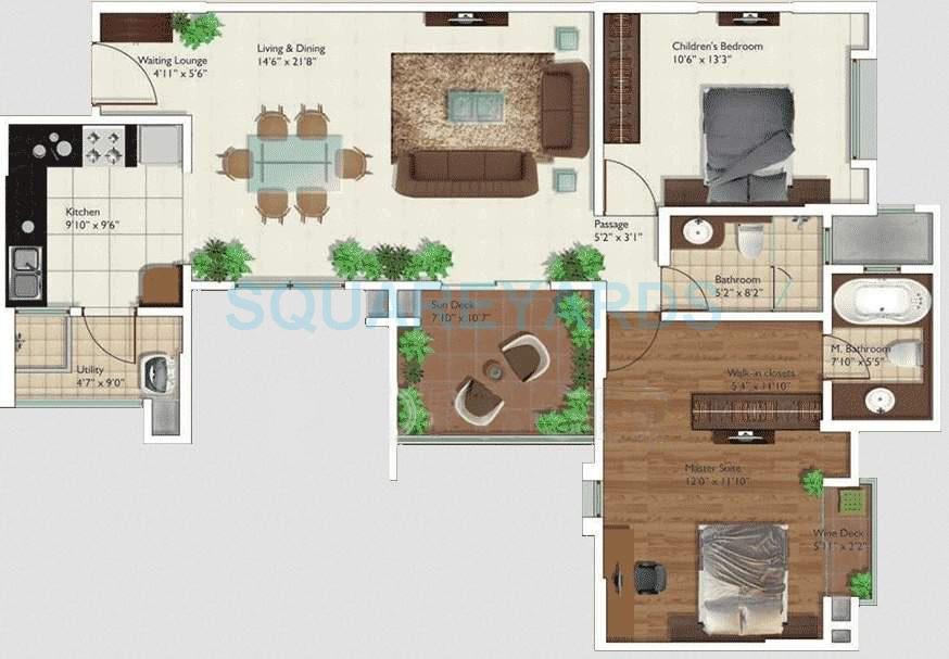 Floor plan of 2 BHK 1335 Sq. Ft. Apartment in Gera Trinity Towers, Pune