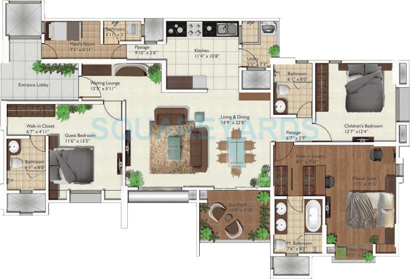 Floor plan of 3 BHK 1979 Sq. Ft. Apartment in Gera Trinity Towers, Pune