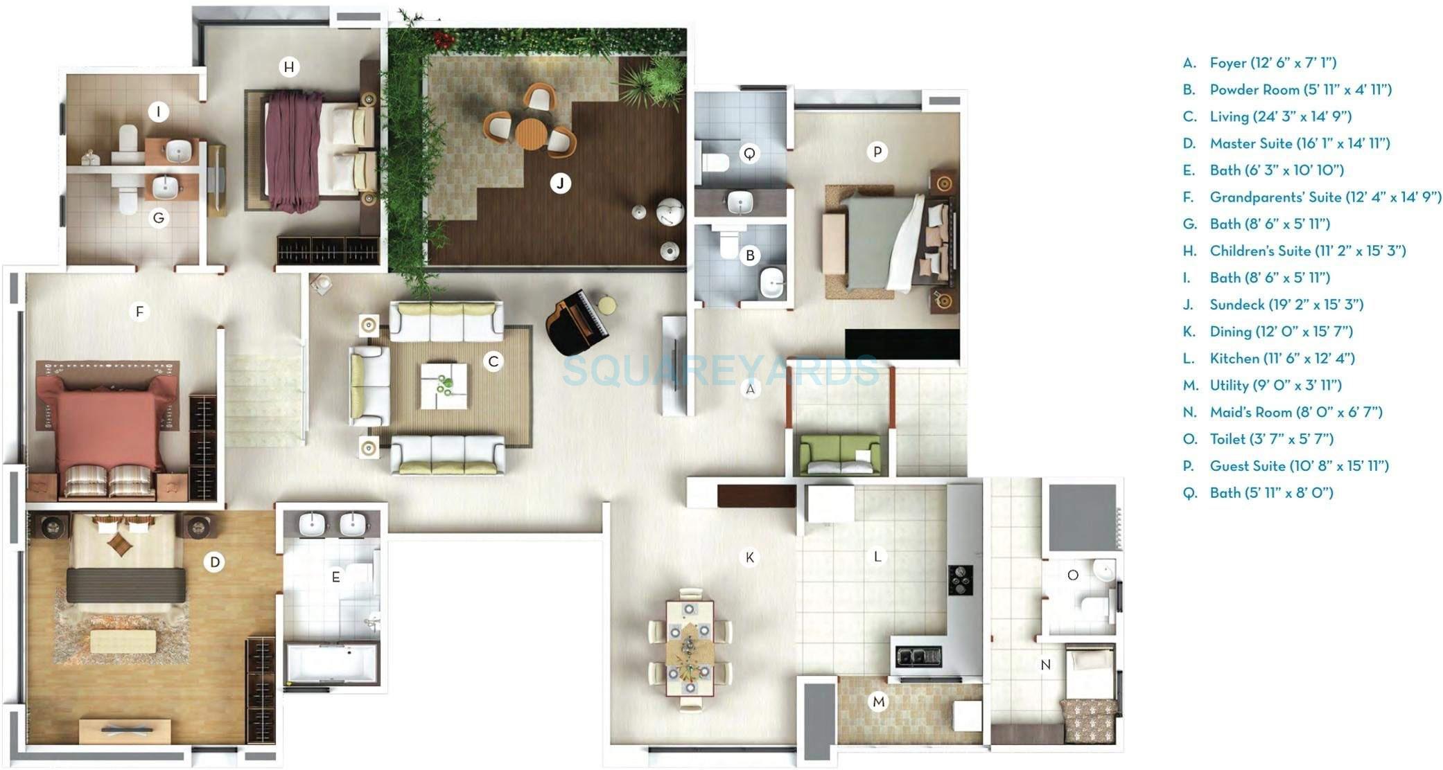 Floor plan of 4 BHK 3100 Sq. Ft. Apartment in Gera Verbena High Rise, Pune
