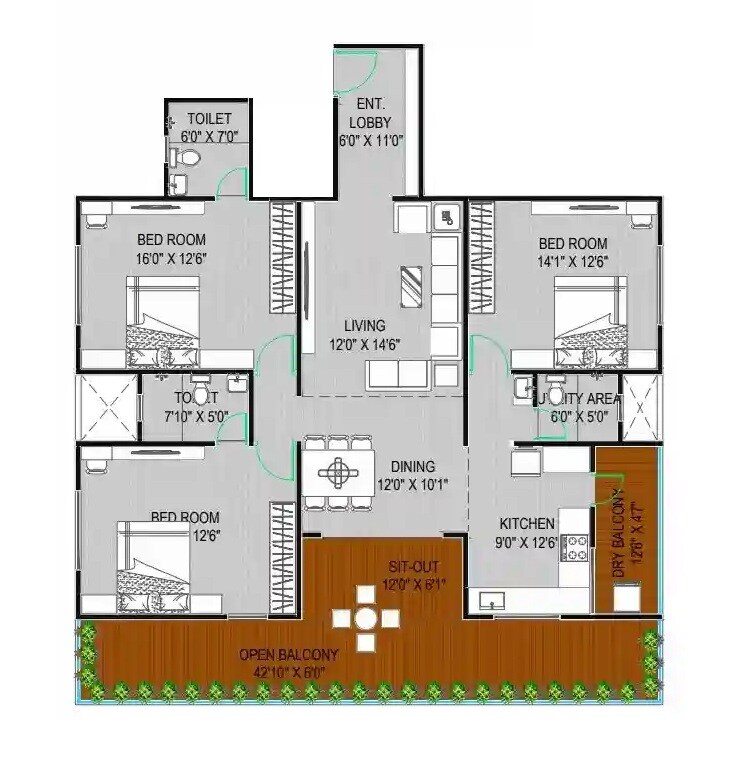 Floor plan of 3 BHK 1270 Sq. Ft. Apartment in Gharonda Apartment, Pune